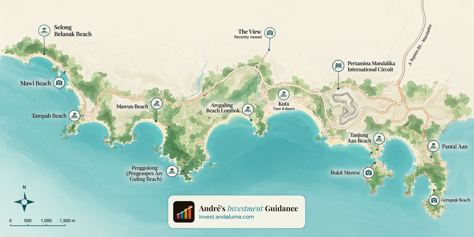 Illustrated map of the South Lombok coast, from Selong Belanak and Mawi in the west, through Kuta and the Pertamina Mandalika circuit, to Tanjung Aan and Gerupuk in the east.
